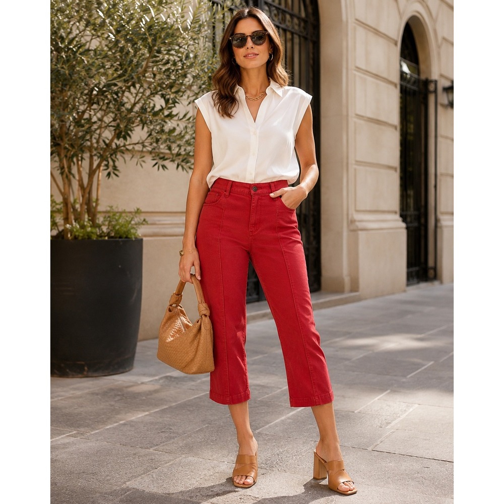 John Mark Tomato Red Capri Pants Women's Size 14 Stretch Pintuck Coastal Preppy